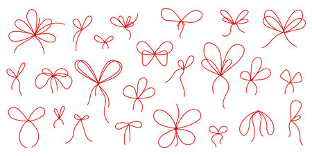 Red line bow gift ribbon. String bows for parcel wrap silhouette icons. Black line art rope cord with knot and bow for birthday, Christmas or Valentines day package decoration. Isolated vector set.のイラスト素材