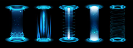 Light realistic portal. Level up blue futuristic neon glow beam power game stage with vortex, teleport podium. HUD portals energy with blue rays. 3D tech vector isolated set.のイラスト素材
