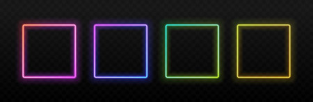 Neon light square frame. Rectangle glowing borders with pink, green and blue, yellow led neon. Shiny...