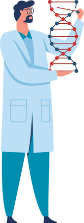 Scientist in a lab coat examines a dna model in a modern lab, exploring genetic research. The image symbolizes precision in genetic engineering and the foundation of human dnaのイラスト素材