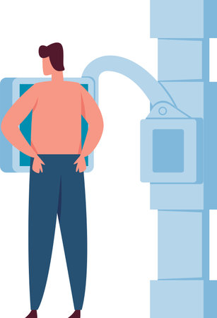 Medical check up with a patient undergoing a chest radiography examination using a modern x ray machine in a hospital radiology departmentのイラスト素材