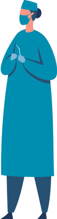 Professional female surgeon wearing a surgical gown, mask, and gloves, holding surgical instruments, standing in a confident pose, ready for surgeryのイラスト素材
