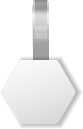 White hexagonal wobblers hanging on gray ribbons are advertising and promoting products in supermarket, creating visual appeal and attracting customersのイラスト素材