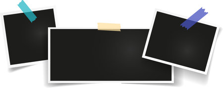 Realistic vector illustration of three blank photo frames attached with adhesive tapes on white background, creating a customizable template for showcasing memories or artworkのイラスト素材