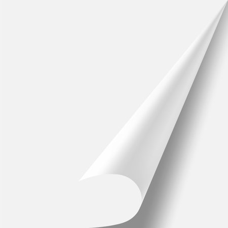 White sheet of paper curling upwards from bottom right corner, casting a subtle shadow beneath, creating a minimalist and elegant backdropのイラスト素材