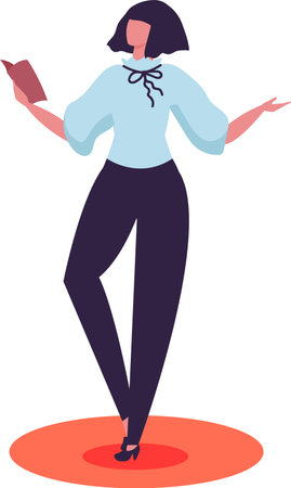 Businesswoman with dark bob haircut, wearing a light blue blouse and dark pants, stands on a red carpet, holding a book in one hand and gesturing with the other as if explaining a conceptのイラスト素材