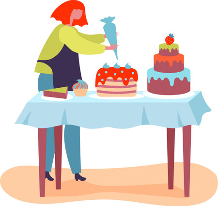 Pastry chef decorates a cake in a cozy bakery, surrounded by tempting pastries, showcasing the artistry of sweet treats.のイラスト素材