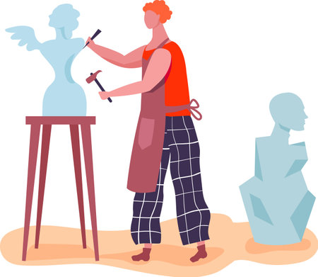 Sculptor wearing apron using hammer and chisel carving angel statue from block of stone in art studio, demonstrating artistic skill and craftsmanshipのイラスト素材