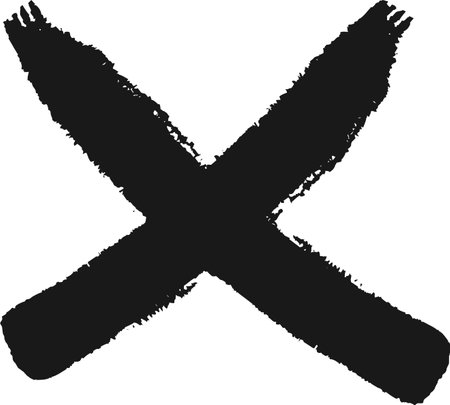 Large grunge cross made with black paint brush strokes, isolated on white background, representing rejection, disapproval, or cancellationのイラスト素材