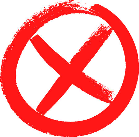 Red cross sign painted with a brushstroke style, representing concepts like cancel, stop, negative, or wrong, isolated on a white backgroundのイラスト素材