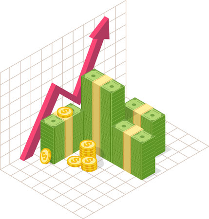 Stacks of banknotes and coins accompanied by a rising red arrow, representing increasing profits, financial success, and robust economic growth in today s marketのイラスト素材