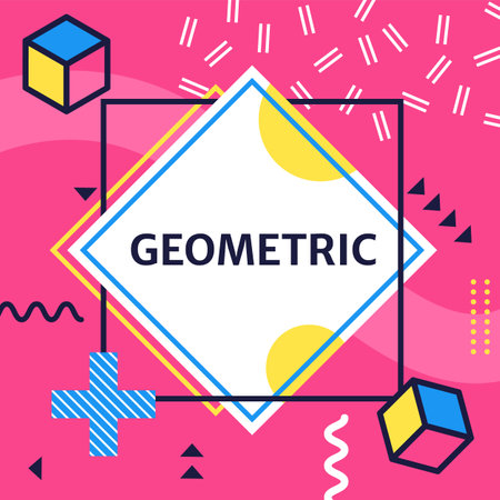 Vibrant geometric background featuring an array of squares, cubes, and abstract shapes against a pink backdrop, forming a dynamic and modern visual composition full of energyのイラスト素材