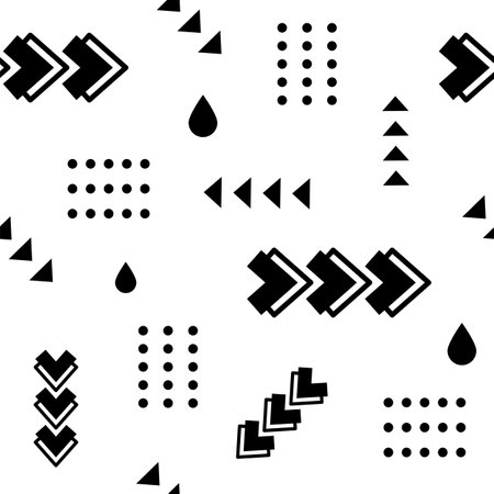 Seamless pattern showcasing dynamic arrows, triangles, and dotted squares creating a visually engaging design with a bold black and white contrastのイラスト素材