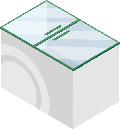 Washing machine featuring a vibrant green frame and sleek glass top cover, showcasing a spinning drum in an isometric projection, isolated against a clean white backgroundのイラスト素材