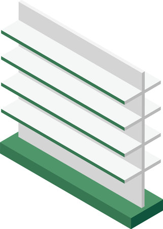Isometric view of an empty supermarket shelf with green trim, ready to be stocked with various products, providing an organized display for customers in a retail environmentのイラスト素材