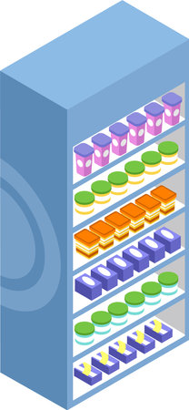 Well stocked supermarket shelf presents various food products, neatly arranged and ready for purchase, creating a visually appealing display in isometric perspectiveのイラスト素材