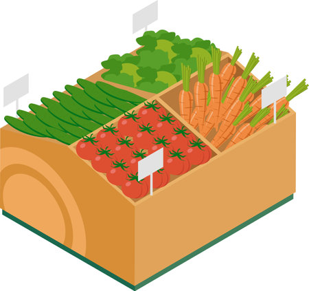 Isometric view of a wooden market stall filled with fresh, ripe vegetables like carrots, tomatoes, cucumbers, and lettuce, featuring blank price tags in a grocery store settingのイラスト素材