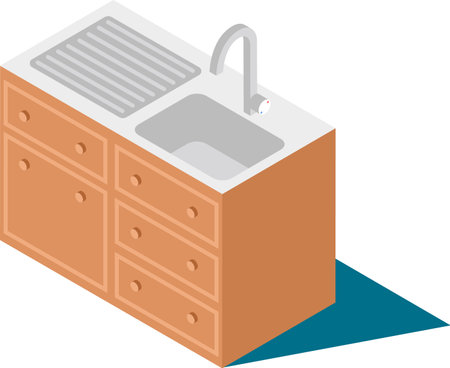 Modern kitchen sink cabinet featuring a built in drying rack, faucet, and multiple drawers is presented in an isometric view, providing a comprehensive perspective of its design and functionalityのイラスト素材