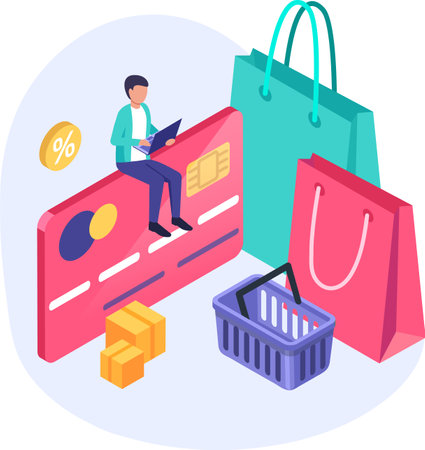 Client using laptop managing online payment for shopping with credit card, shopping bags, shopping basket and boxes representing secured online shopping and deliveryのイラスト素材