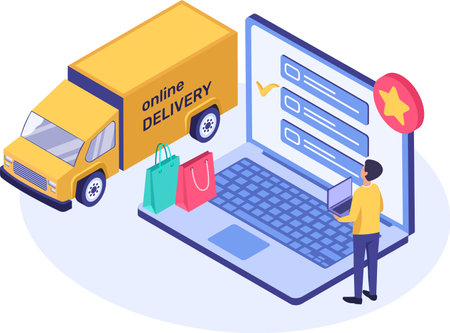 Yellow delivery truck, shopping bags and a giant laptop with checkboxes and a star represent the concept of online shopping and delivery in this isometric illustrationのイラスト素材