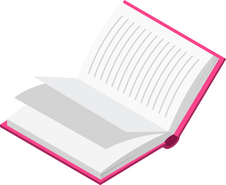 Open book featuring a pink cover lies flat, revealing blank pages lined for writing, symbolizing the beginning of a new chapter, story, or creative project waiting to unfoldのイラスト素材