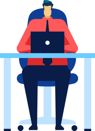 Office worker sitting at a desk, focused on working with a laptop, dressed in a red shirt and blue tie, depicted in a modern flat design illustrationのイラスト素材