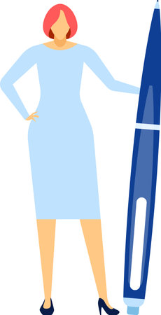 Businesswoman with pink hair and light blue dress standing next to a giant pen, symbolizing creative writing, content creation, and copywritingのイラスト素材