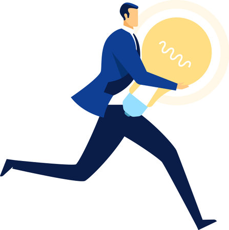 Businessman running swiftly while holding a large light bulb, symbolizing new ideas, innovation, and inspiration in the business world, representing solutions and creativity for successのイラスト素材