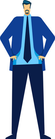 Businessman standing confidently with hands on hips, exuding professionalism and authority in a corporate environment, dressed in a stylish blue suit and tieのイラスト素材