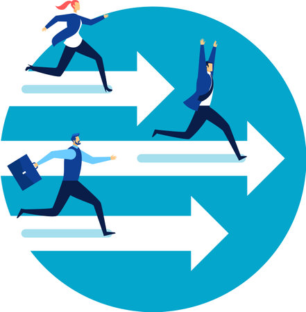 Businessmen and businesswomen running on white arrows over a blue circle following different directions representing different career paths, choices and opportunities in business and workのイラスト素材