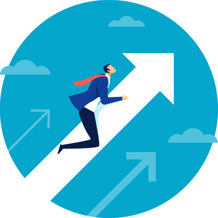 Businessman running along a giant upward arrow symbolizing career progression, achieving business goals, and experiencing financial growth in a competitive marketのイラスト素材