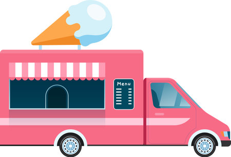 Vibrant pink ice cream food truck featuring a menu and a large ice cream cone atop its roof, inviting customers to indulge in sweet treats on a sunny dayのイラスト素材