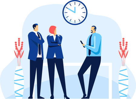 Business team discussing work strategy using mobile phone in office, colleagues collaborating on project, manager explaining tasks to employees, efficient teamwork and communication conceptのイラスト素材