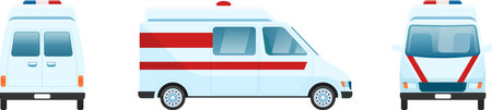 Profile, front and rear view of a white ambulance car with red stripes and flashing lights, providing a comprehensive representation of the vehicle s design and featuresのイラスト素材
