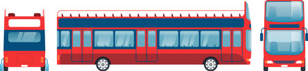 Red double decker bus isolated on a white background, displaying front, back, and side views, ideal for projects related to transportation, travel, and urban explorationのイラスト素材