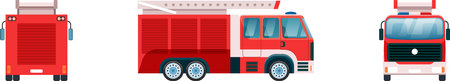 Red firetruck with extendable ladder in three different positions, front, side, and rear view,...