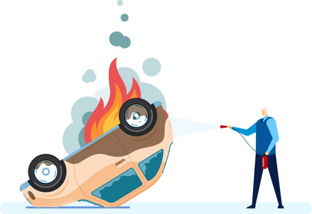 Firefighter using a fire extinguisher to extinguish flames on a burning overturned car, illustrating a car accident and insurance scenario with emphasis on emergency response and safetyのイラスト素材