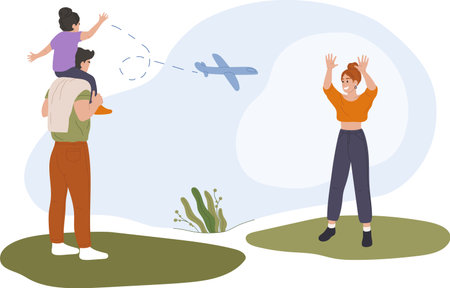 Family waving goodbye to departing airplane, mother raising hands and child sitting on father s shoulders watching plane flying away, concept of travel and family vacationのイラスト素材