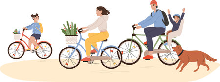 Happy family riding bicycles in the park with children and a golden retriever, enjoying active outdoor moments, embracing togetherness and the joys of a healthy lifestyleのイラスト素材
