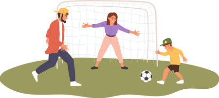 Father and mother playing soccer with their son in a sunny park, enjoying fun moments and exercising together near the goal, creating joyful memories as a familyのイラスト素材