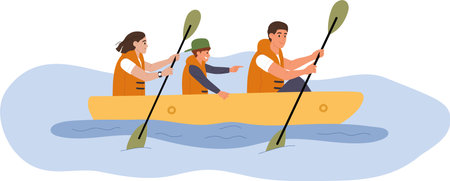 Happy family wearing life jackets are paddling a canoe on a lake, enjoying their summer vacation together, promoting water safety and family bondingのイラスト素材