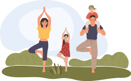 Mother, father, daughter, and son practicing yoga together in tree pose, surrounded by lush greenery in a park, cherishing quality time and embracing a healthy, active lifestyleのイラスト素材