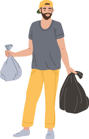 Young volunteer carrying garbage bags, actively participating in waste collection and promoting environmental awareness through responsible waste disposalのイラスト素材
