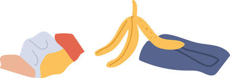 Different types of garbage are laying on the floor including crumpled paper, banana peel and dirty rag, representing littering and unsanitary conditionsのイラスト素材