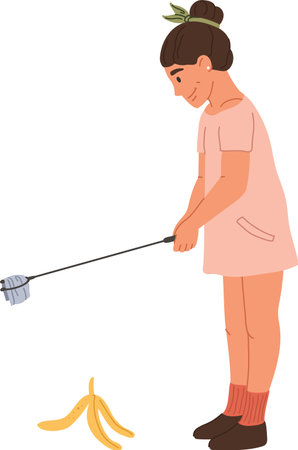 Woman uses a reaching tool to pick up a discarded banana peel, demonstrating responsible waste disposal and promoting environmental cleanlinessのイラスト素材