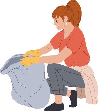 Young woman volunteer wearing gloves is picking up a large trash bag, actively participating in a community cleanup effort, promoting environmental responsibilityのイラスト素材