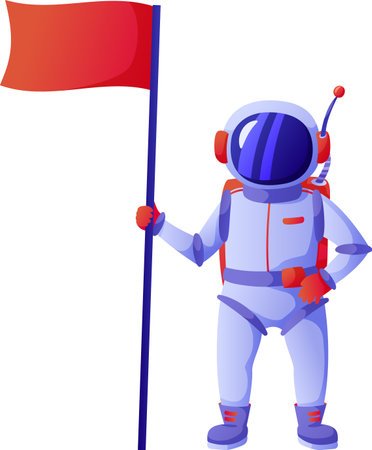 Astronaut wearing spacesuit is holding red flag after planting it on surface of new planet, celebrating conquering and discovery in space exploration missionのイラスト素材