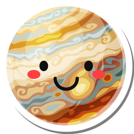 Cartoon representation of planet jupiter with a smiling face and rosy cheeks, designed as a sticker with white border, ideal for children s educational materials or space themed projectsのイラスト素材