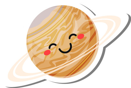 Jupiter, the largest planet in the solar system, smiling with pink cheeks and surrounded by its iconic rings, creates a cheerful and educational kawaii illustrationのイラスト素材