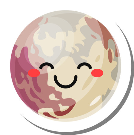 Pluto, a dwarf planet in the kuiper belt, is depicted with a charming smile, rosy cheeks, and closed eyes, creating a kawaii and friendly representation of the celestial bodyのイラスト素材